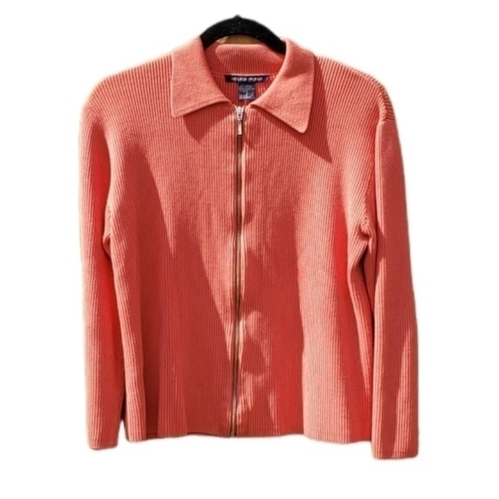 Boston Proper Coral Ribbed Knit Cotton Zipper Cardigan Jacket Size Small
